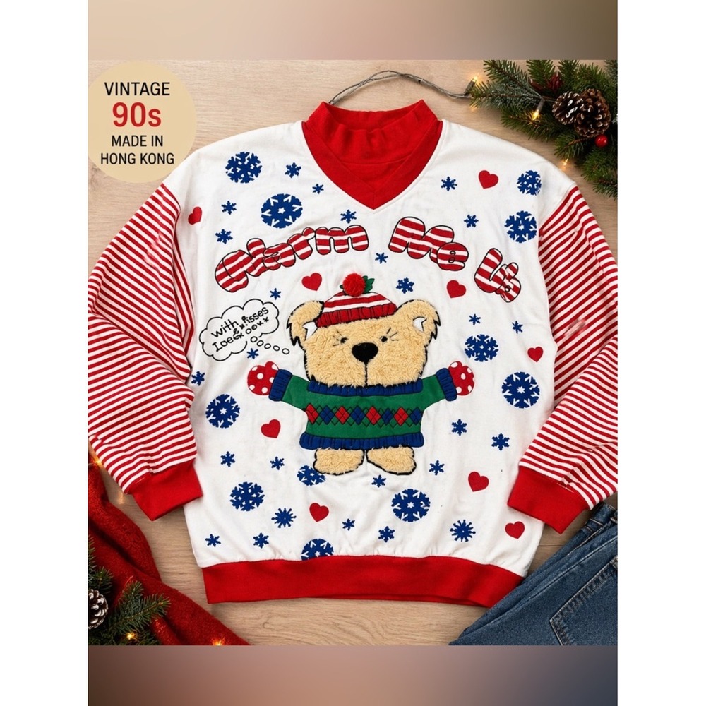 Vintage 90s Teddy Bear Christmas‎ Sweatshirt Ugly Sweater Cute Holiday M